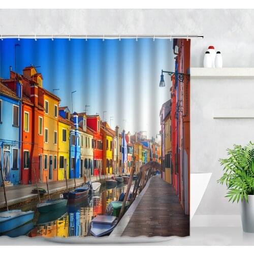 Town Colorful House Shower Curtain Street Building Boat Seaside City Scenery Home Decor Bathroom Curtains Bath Screen With Hooks