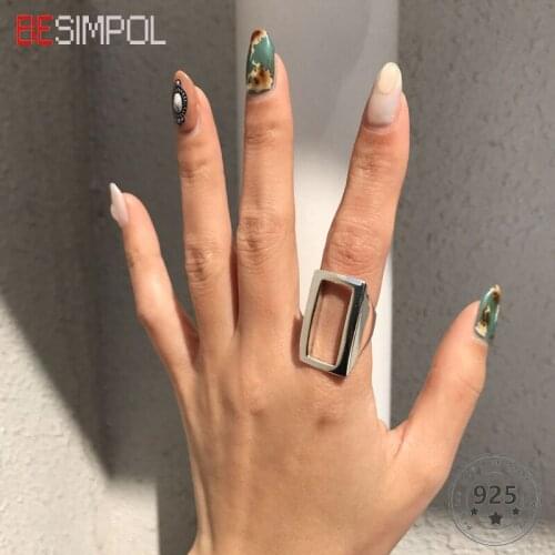 100% Real 925 Sterling Silver Rectangular Ring Minimalist Geometric Adjustable Open Rings For Women Luxurious Fine Jewelry