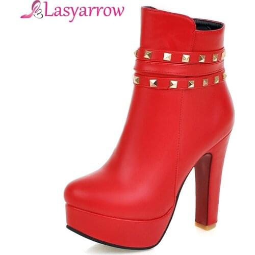 Lasyarrow Thick High Heels Womens Boots Round Toe Platform Fashion Rivets Stud Ankle Boots For Women Autumn Winter Wedding Shoe