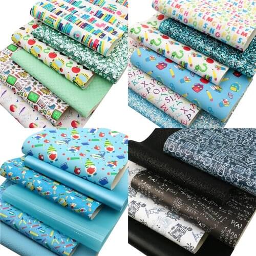 Back to School Theme Faux Leather Sheets Bus Books Pencil Printed Synthetic Leather Fabric 20x33cm for DIY Earrings Hair Bows