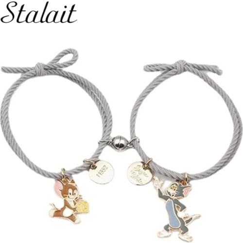 2pcs Love Cartoon Mouse Magnetic Couple Bracelets Cute Dripping Oil Cat Pendant Attract Hair Rope Band Charm Kawaii Bracelet New