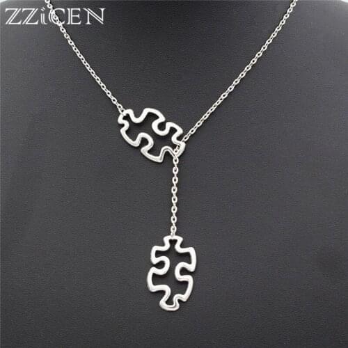 Fashion Casual Tibetan Autism Jewelry Awareness Jigsaw Double Puzzle Piece Pendant Adjustable Cross Lariat Necklace Gifts
