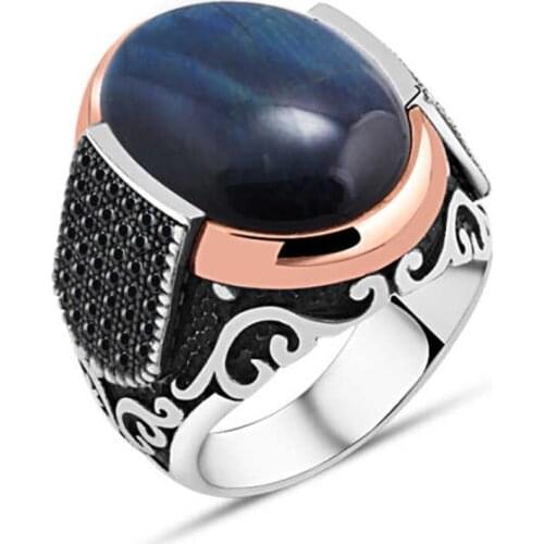 Blue Tiger Eye Hooded Silver Men 'S Ring