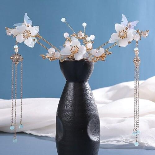 Long Fringed Hair Headdress Set with Earring Flower Design Handmade Traditional Chinese Style Hanfu Accessories LB