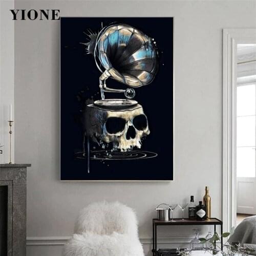 Rock Hand Skull King Phonograph Canvas Paintings Abstract Black White Skeleton Wall Art Posters and Prints Picture for Bedroom