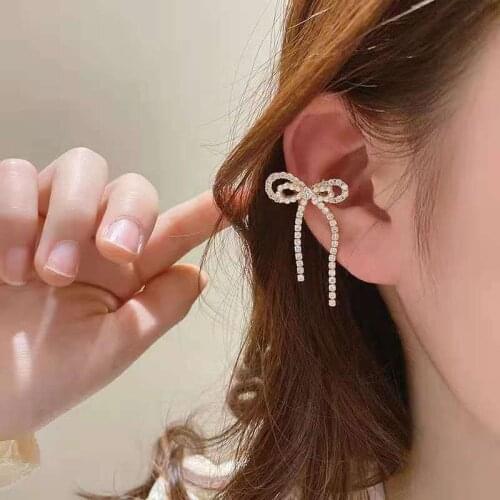 2021 New Elegant Bow Earrings Rhinestone Pearl Ear Bone Clip Without Ear Hole Sweet for Women Ear Cuff Jewellery