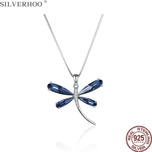 SILVERHOO 925 Sterling Silver Cute Dragonfly Pendant Necklace Blue Austria Crystal Necklaces For Women Elegant Party Jewelry