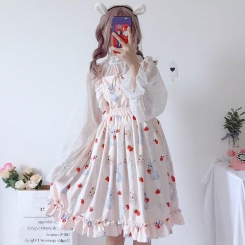 Japanese Kawaii Strawberry Dress Women Kawaii JSK Lolita Girl 2021 Summer Sweet Cute Rabbit Ruffle Sleeveless Dresses Vestidos