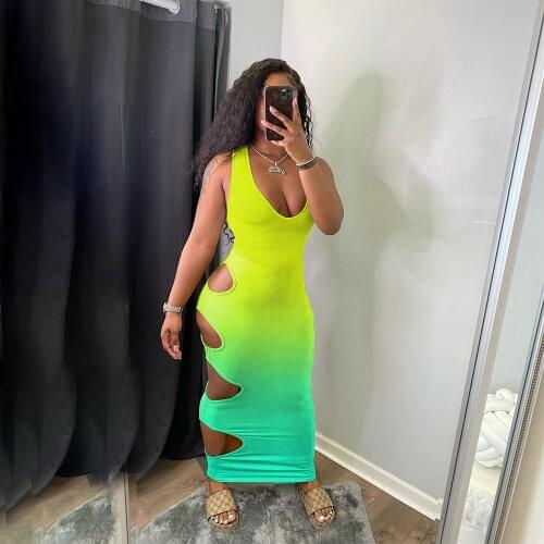 Hirigin Summer Women Gradient Sleeveless Maxi Dress Beach Sexy Night Party High Waist Patchwork Bodycon Long Party Dresses