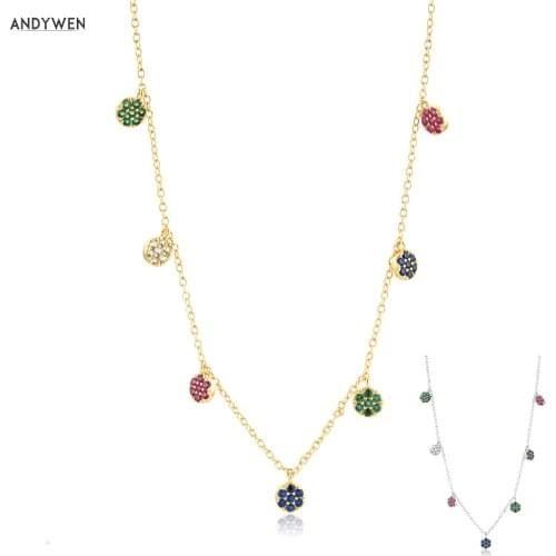 ANDYWEN 925 Sterling Silver Gold Colorful Zircon Crystal Round Flower Charms Pendant Choker Necklace Long Chain Women Fine Jewer