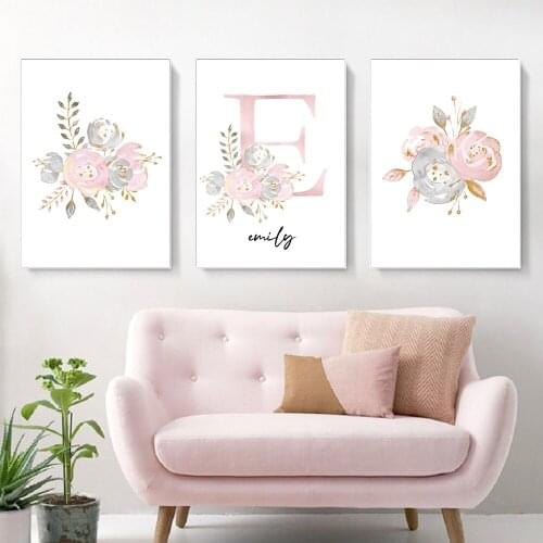 Baby Girl Posters Personalized Name Custom Poster Nursery Prints Pink Flowers Wall Art Canvas Painting Pictures For Girls Room