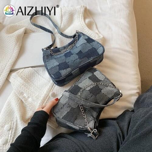 Casual Pure Color Chain Handbag Purse Women Denim Contrast Color Grid Underarm Bag Fashion Chain Shoulder Bags