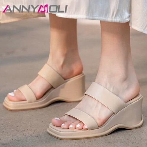 ANNYMOLI Slippers Shoes Women Genuine Leather Sandals Wedges High Heel Slides Square Toe Cow Leather Ladies Footwear Summer 42