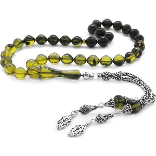 Tesbihane 925 Sterling Silver Tassels Istanbul Cut Filtering Yellow Fire Amber Prayer Beads