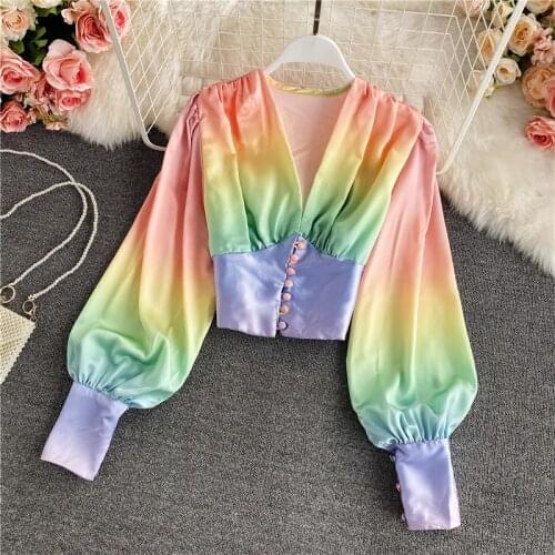 Spring Rainbow Gradient Color Printed Blouse Women Sexy V-Neck Lantern Long Sleeve Short Tops Female Single Breasted Shirt