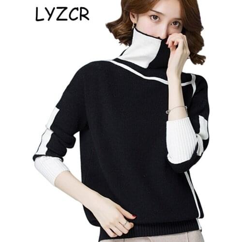 LYZCR Autumn Winter Womens Patchwork Turtleneck Sweater For Women Thick Warm Kintted Pullover Sweaters Ladies Loose Jumper 2019