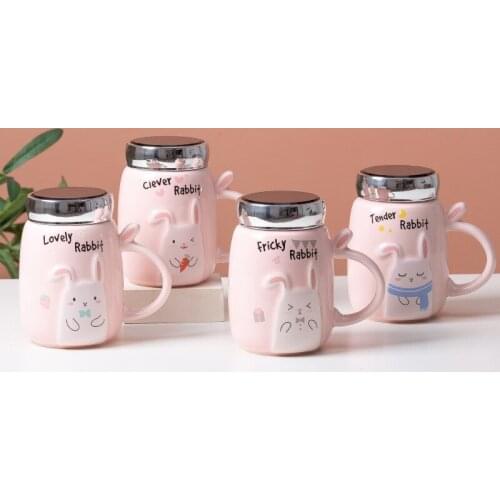 Rabbit Mirror Mug Girl Cute Ceramic Mug Cup With Sealing Lid Creative Cartoon Couple Water Cup