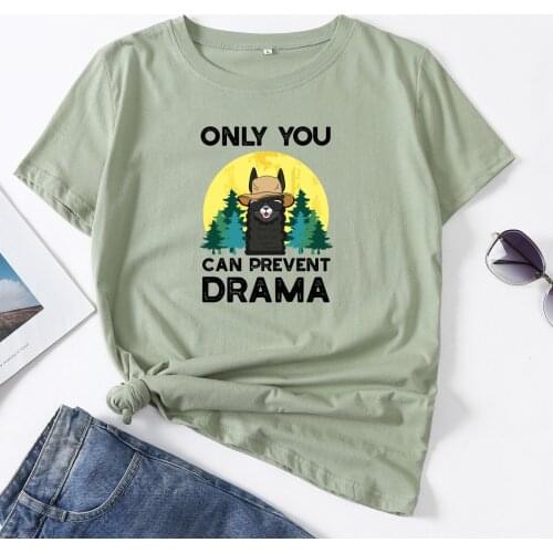 Only You Can Prevent Drama Graphic Tee Woman T-Shirt Short Sleeve T-Shirts Summer Tops for Women 100%Cotton Llama Camping Shirt