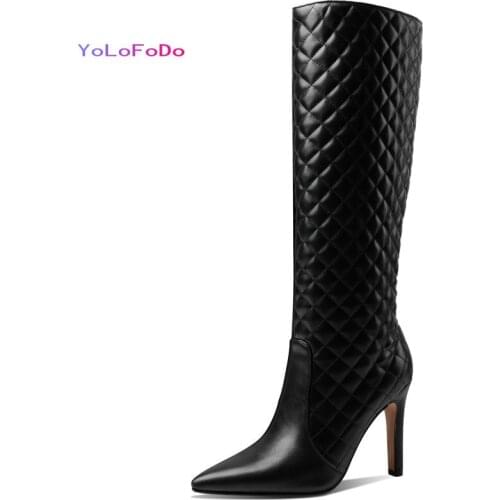 2021 Autumn Winter Women Knee High Boots Faux Leather Pointed Toe Thin High Heel Women Boots High Quality Womans Boots Big Size