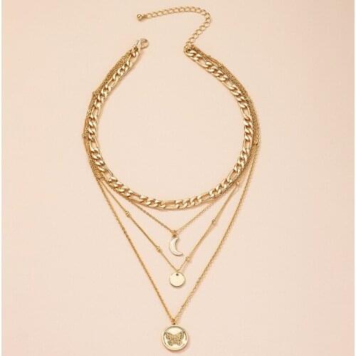 Ins Gold Multi-layers Chain Butterfly Crescent Moon Lock Summer Beach Choker Necklaces Korean Fashion Women Party Jewelry