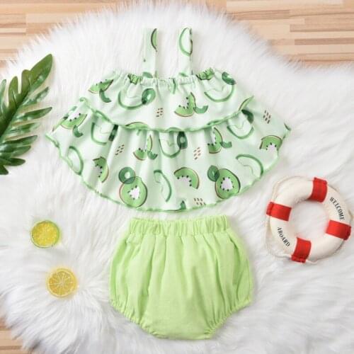 Baby Girls 2Pcs Summer Outfits 2021, Sling Cartoon Print Sleeveless Loose Ruffle Tank Tops + Bloomers Set