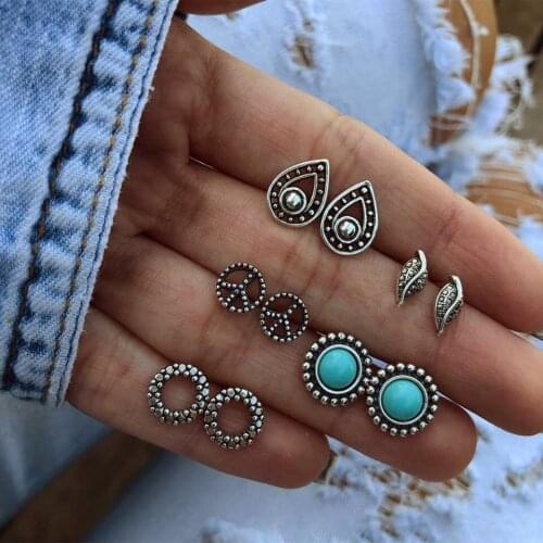 5 pairs/set Stud Earrings Set Hollow Peace Sign Water Drop Leaf Round Circle Earring Set Antique Silver Color Jewelry For Women