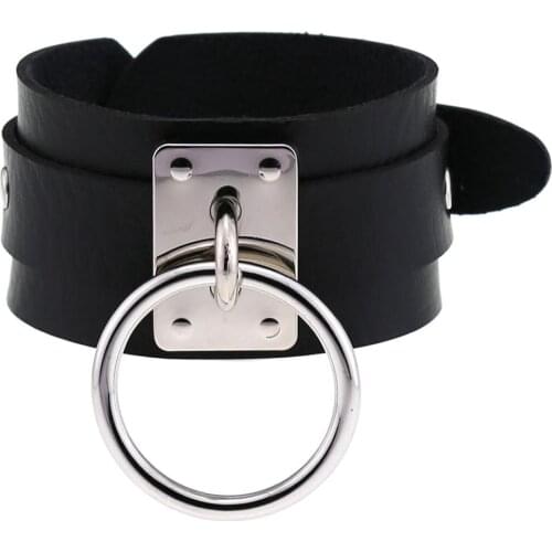 Round Bracelet Black PU Leather Wristband Cuff goth gothic punk armbands Fashion Ring bracelets women men metal cosplay jewelry
