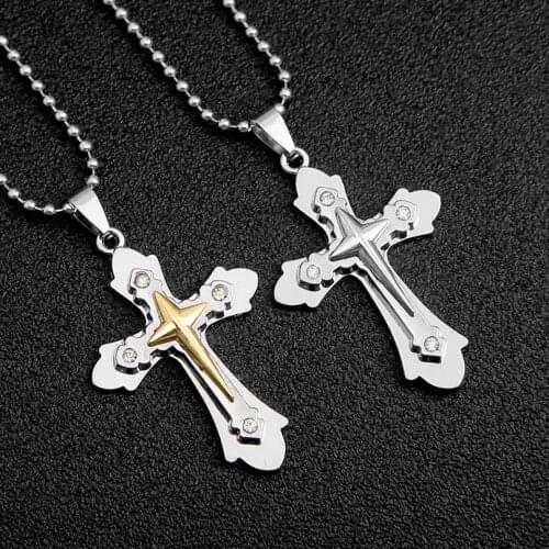 Gothic 3 Layer Metal Cross Necklace Men Trendy Catholicism prayer Cross Pendant Jewelry Accessories Sweater Chain Gift