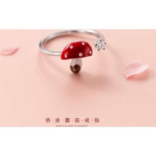 Cute Mushroom 925 Sterling Silver Rings for Women Teen Girls Kids CZ Zircon Adjustable Chunky Korean Fashion Jewelry