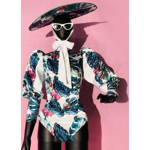 Pole Dancing Clothes Women Adult Long Sleeve Jumpsuit Nightclub Female Singer Stage Performance Leaves Print One-Piece DWY6123