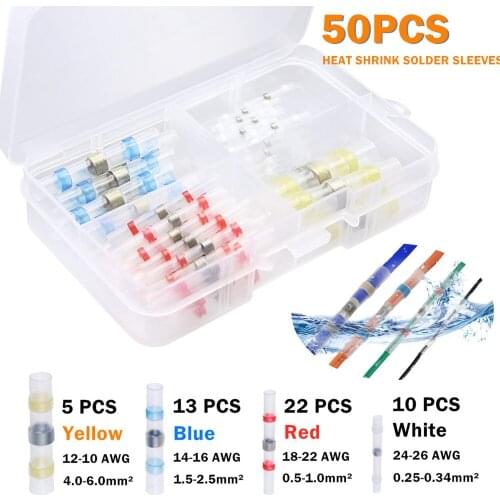 30/50PCS Solder Seal Wire Connectors Kit Heat Shrink Soldering Sleeve Cable Butt Crimp Terminals Waterproof Insulated Electrical