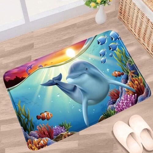 Ocean Animal Bathroom Mat Dolphin Whale Fish Underwater World Scenery Non-Slip Rugs Flannel Bath Kitchen Entrance Hallway Carpet