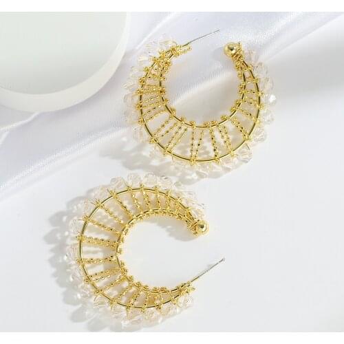 Lifefontier Handmade Twist Crystal Beads Hoop Earrings for Women Gold Color Metal Beaded C Shape Big Earrings Korean Jewelry