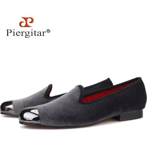 Piergitar gray color men velvet shoes with gun toe metal fashion party and wedding men loafers handmade mens smoking slippers