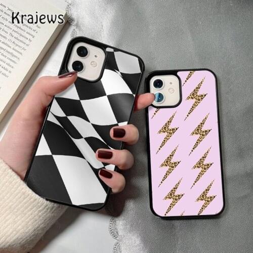 Krajews Wild Pink Leopard Lightning Bolt Fitted Case For iPhone 11 Pro XS MAX SE 2020 X XR 7 6s 8Plus Checkered soft Phone Cover
