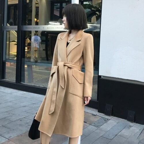 Autumn and winter 2021 new double-sided tweed Australian wool coat womens middle long knee loose Korean lace up tweed coat