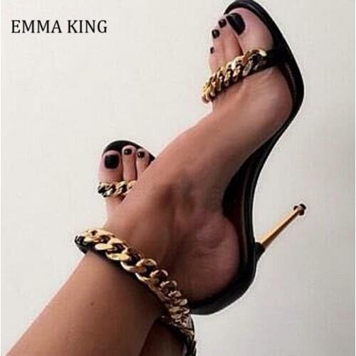 Gold Chain Design Iron Heel Sandals Ankle Gold Chain Wrap Stiletto Heel Sandals Sexy Formal Dress Shoes Runway Summer Sandals