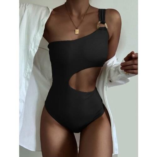 Sexy Solid Color One Shoulder Women Swimwear Bikini Hollow Out Backless Bodysuit Push Up Summer Swimsuit Beachwear Bathing Suit