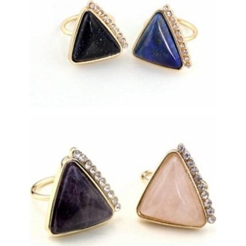Light Yellow Gold Color Geometric Shape Rose Pink Quartz Finger Ring Lapis Lazuli Fashion Jewelry