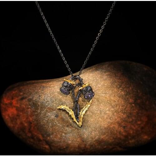 CIZEVA Temperament Jewelry Vintage Branch Flower Two-tone Necklace Elegant Amethyst Pendant Necklace Sweater Chains