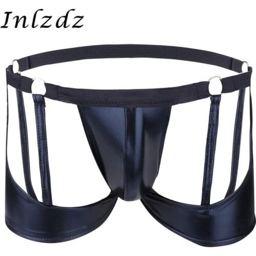 Mens Lingerie Sex Underwear Patent Leather Boxers Briefs Bikini Gay Homme Underwear Open Butt Male Sexy Underpants with O-rings