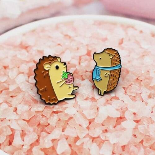 XEDZ Cute Hedgehog Strawberry Metal Enamel Pin Blue Silk Scarf Badge Brooch Clothes Jewelry Gift For Kids