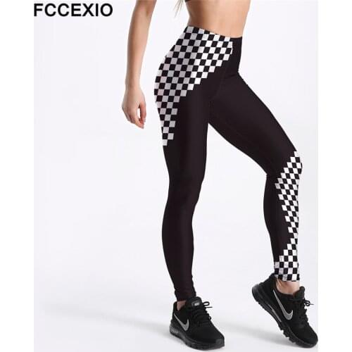 FCCEXIO New Women Gothic Leggings Black&White Lattice Printed Workout Leggings Fitness Leggin Pants Fashion Plus Size Trousers