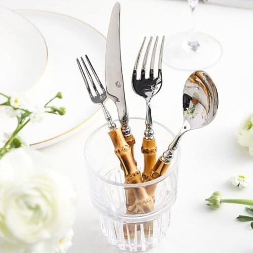 1Pcs Creative Bamboo Cutlery Set Stainless Steel Steak Cutlery Tableware Set Spoon and Fork Western Food Dessert Tableware
