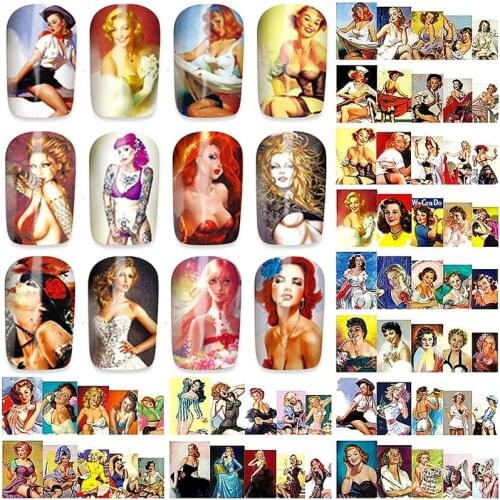 12 sheets fashion lady water transfer nail art sticker nail decals manicure nails decorations accessoires retro style