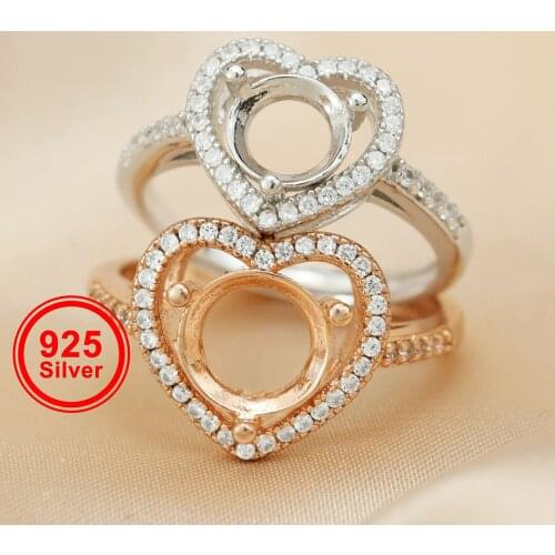 5-9MM round simple Gemstone CZ stone prong bezel solid 925 sterling silver adjustable ring settings heart shape 1214032