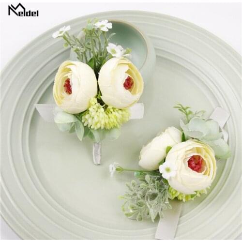 Meldel Silk Rose Corsage Pin Boutonniere for Groomsmen Wedding Wrist Bracelet Bridesmaids Wedding Boutonniere Witness Corsages