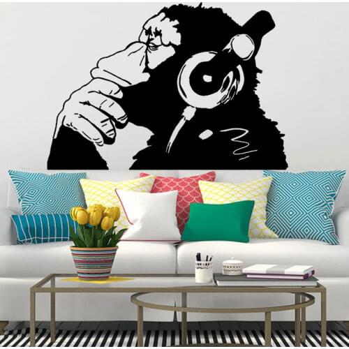 Flower Monkey With Headphones/Color Chimpanzee Vinyl Wall Stickers On Headphones Listen To Music Graffiti Stickers