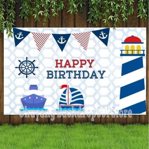 Happy Birthday Nautical Theme Party Decoration Background Rudder Cartoon Lighthouse Photography Backdrop Photo Studio Props