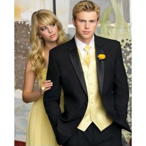 Custom Made to Measure Tailored mens BESPOKE suit,BLACK Groom Tuxedos SATIN NOTCH Lapel, YELLOW VEST(Jacket+Pants+Vest)